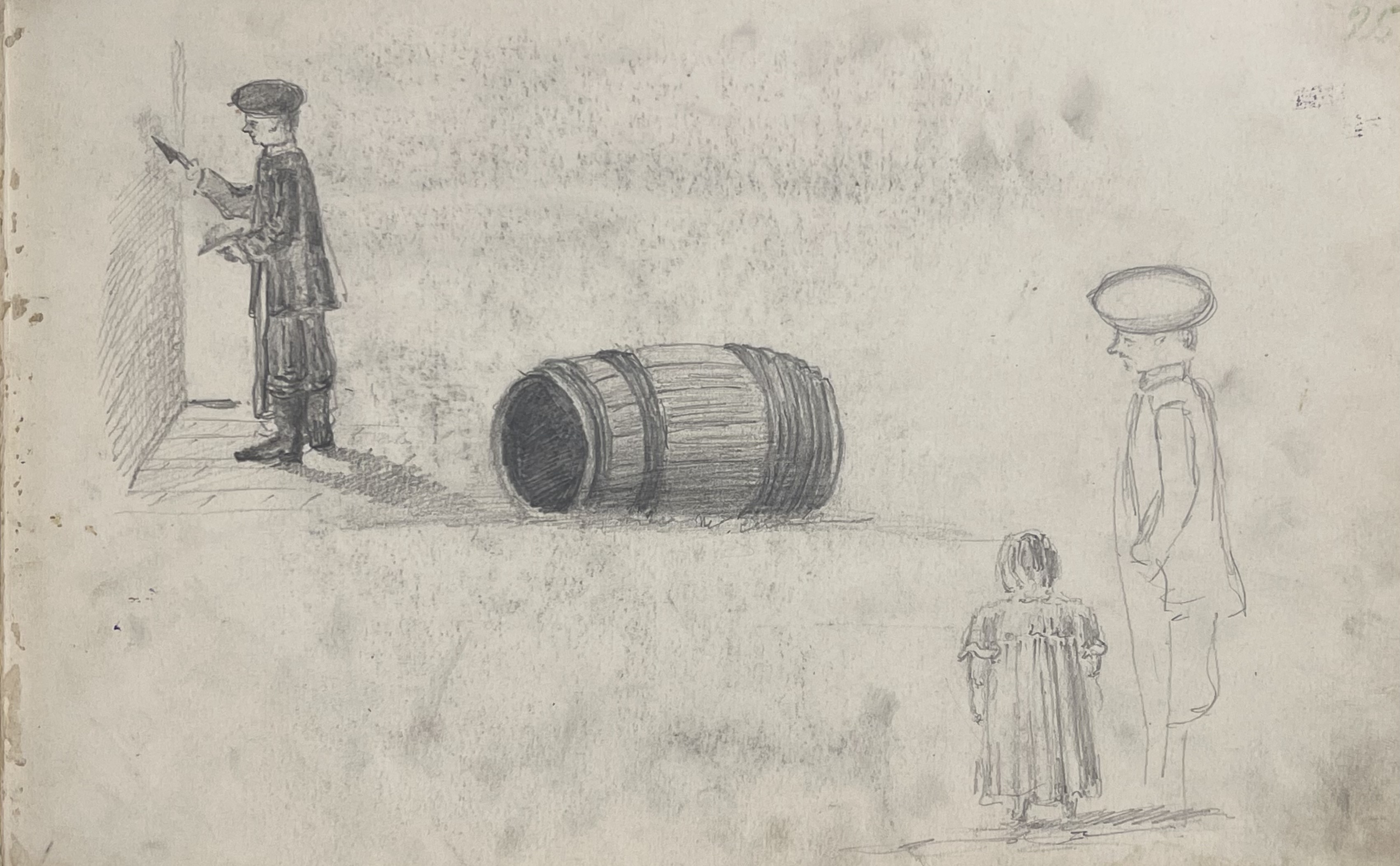 Арк.24. Чоловічі та дитяча фігури; бочка (начерки). 