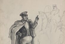 Арк.36. Чиновник у плащі; бричка з візником (начерк)